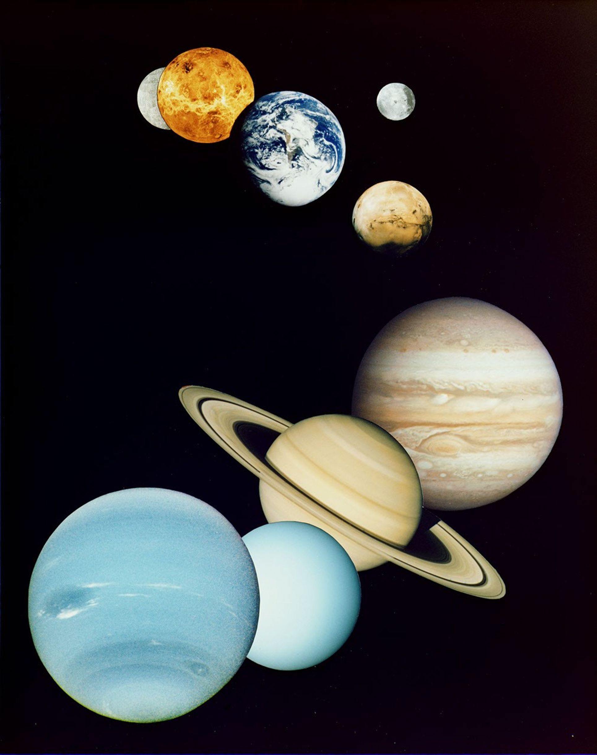 NASA and JPL spacecraft montage of the planets in our solar system.